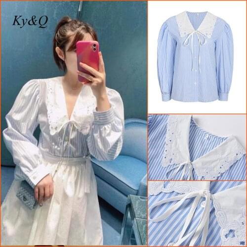 2021 Vintage Embroidered Hollow Out Doll Collar Striped Shirt Women New Design Bandage Blue Bubble Sleeve Tops Female Blouses