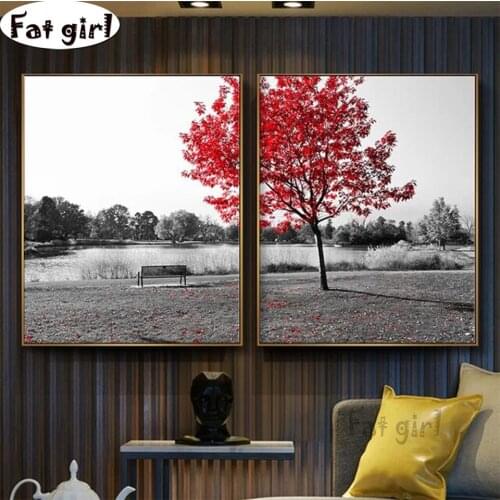 Diamond Painting Red leaves on black and white background 5D Full Square round Hand drill Embroidery Mosaic Rhinestone Decor