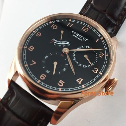 Corgeut new 42mm rose gold case sapphire glass black dial date waterproof seagull movement mens top leisure watch