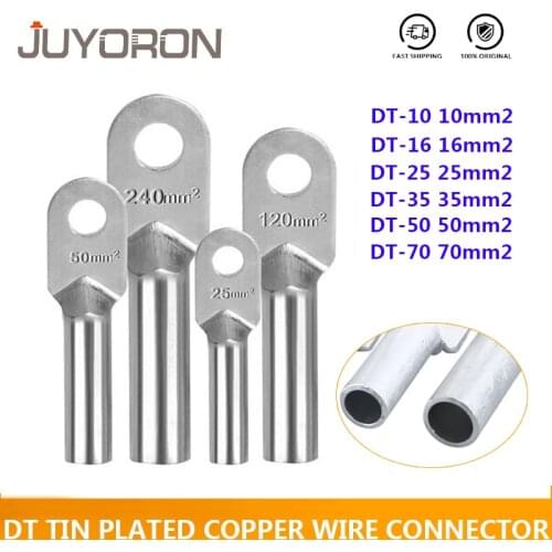 DT-10/16/25/35/50 Tin Plated Splice Copper Wire Connector Tinned Cable Terminal Cold Pressure DT Type Crimp Blot Hole Nose