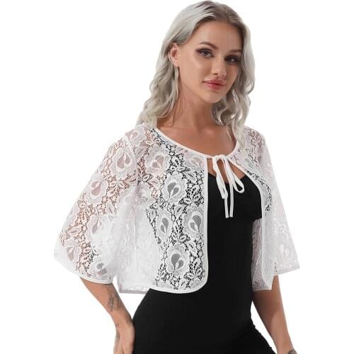 Elegant Women 3/4 Sleeve Lace Thin Shrug Cardigan Top Outwear Open Stitch Crop Bolero Wedding Party Dress Cover Up Shawl Coat