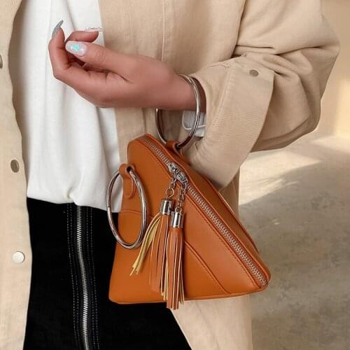 FANTASY Triangle Handbags For Women Big Iron Ring Handle Dinner Bag Leather Mini Purses Retro Tassel Design Wallet 2021 Hot Sale