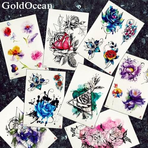 GoldOcean Geometry Rose Flower Temporary Tattoo Sticker Women Big Body Arm Art Watercolor Fake Tatoos Flash Sexy Tattoos
