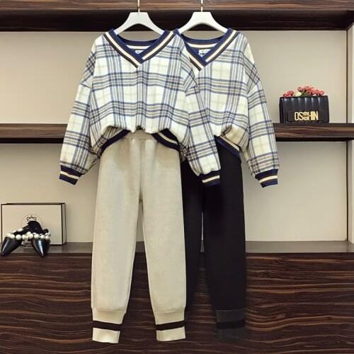Plaid sweater autumn and winter loose woolen pants suit fashion two piece set top and pants elelgant costumes for women