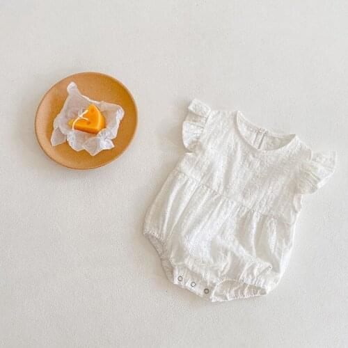 0-3Y Summer Infant Baby Girls Bodysuits Lace Hollow Out Solid Ruffles Flying Sleeve Jumpsuits