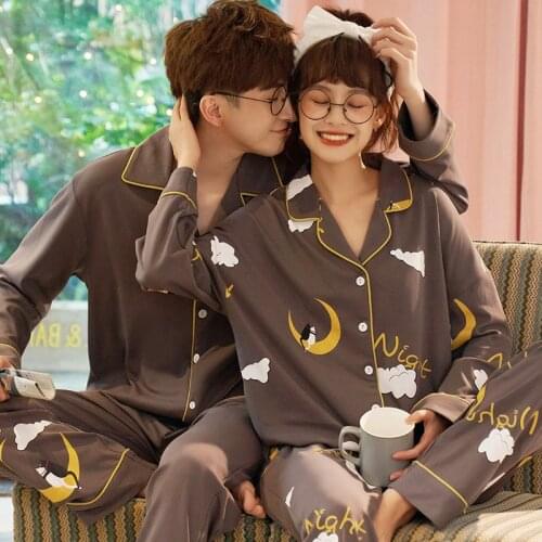 Winter Warm Couple Pajama Set Cotton Loose Cardigan Pyjamas Women Men Long Sleeve Homewear Cute Clouds Pattern Lovers Pajama Set