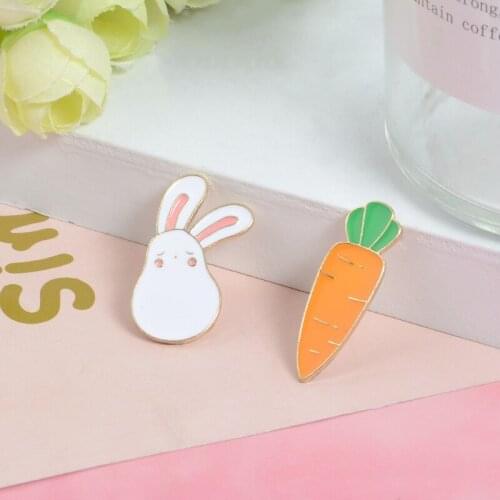 Cute Bunny and Carrot Pins White Rabbits Brooches Animal Enamel Metal Pin for Women Coat Shirt Bag Jackets Collar Lapel Badge