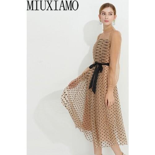 MIUXIMAO Luxurious 2020 Summer Dress Newest Gauze Dot Casual Elegant Slim Casual Long Dress Women Vestidos With Sashes
