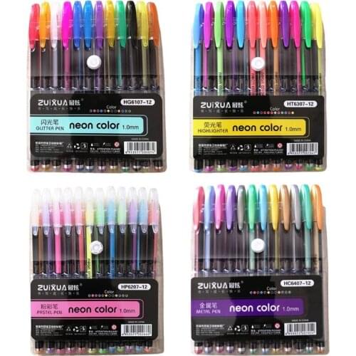 12 Colors Gel Pen Set Glitter Highlighter Pastel Pens for School Office Coloring