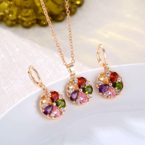 Cute Round Rainbow Crystal Bride Jewelry Set New Fashion Gold Color Drop Earrings & Necklace Sets For Women Birthday Gift