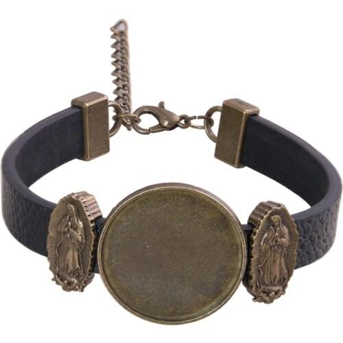 New 1pcs 6 Color PU Bracelet Bronze Jesus Base Setting Cuff Blank Trays Brazel Fit 25mm Glass Cameo Dome Cabochon DIY Jewelry