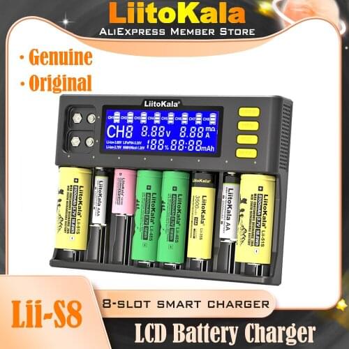 Genuine/Original LiitoKala Lii-S8 LCD 8 slots Battery Charger Li-ion 3.7V NiMH 1.2V 9V Li-FePO4 18650 26650 21700 26700 AA AAA