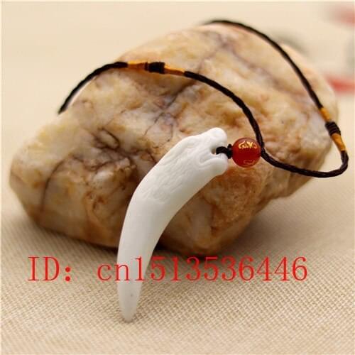 Carved Wolf Teeth Jade Pendant Natural Chinese White Necklace Charm Jewellery Fashion Lucky Amulet Gifts