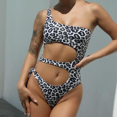 Sexy Leopard Print One Piece Swimsuit Women One Shoulder Lace Up Bandage Push Up Swimwear Hollowed Out Bathing Suit Monokini