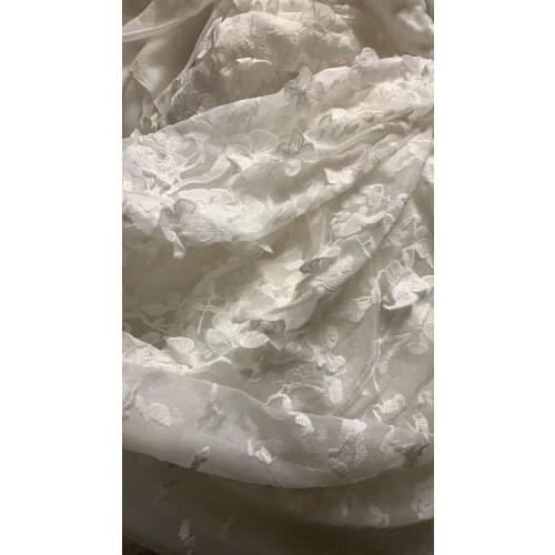 Stock 5 yards zx02 3d flower ivory offwhite milk viber embroidery net mesh lace fabric for sawing bridal wedding dress