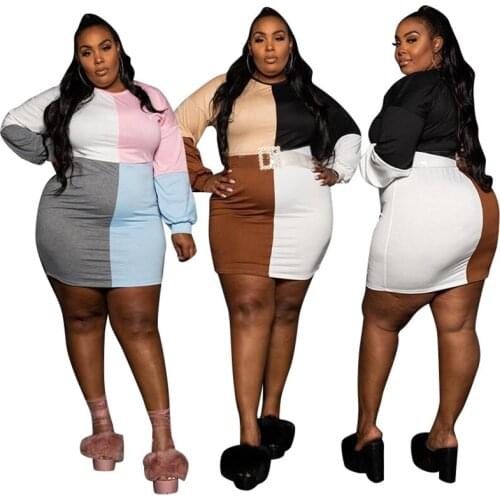 RStylish Women Clothing Plus Size 2021 Autumn Elegant Color Block Patchwork Long Sleeve O Neck Bodycon Dresses