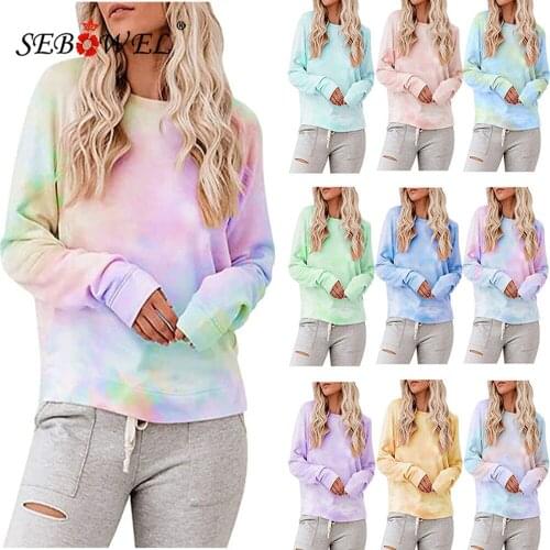 SEBOWEL Autumn Winter Tie-dye Gradient Round Neck Womens Oversized Sweatshirts Lady Fashion Loose Long Sleeve Pullover Tops