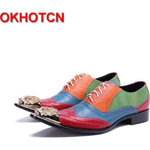 Fashion Genuine Leather Shoes For Men Lace Up Dress Shoes Mixed Colors Brogue Shoes Big Size 47 Italian Shoes Designer Metal Toe