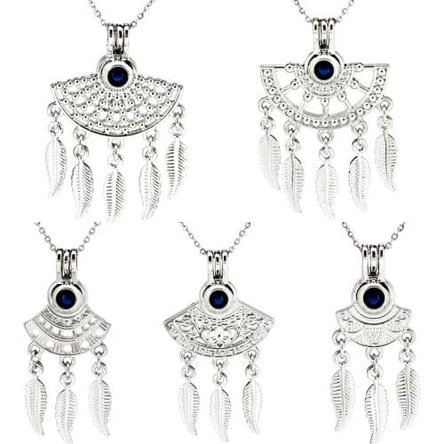 Bohemia Filigree Flower Sector Leaf Tassel Shape Beads Cage Locket Pendant Perfume Diffuser Pearl Cage Necklace