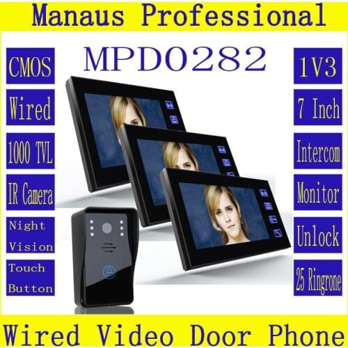Video Door Phone Intercom Door Bell, 1pcs 1000TVL Outdoor Security CCTV Camera & 3pcs 7" Indoor Monitor Home Surveillance D282b