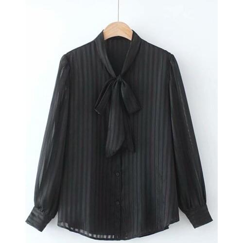Womens oversize shirt bow collar striped woman blouses 2021 autumn Long sleeve chiffon black white Female clothing