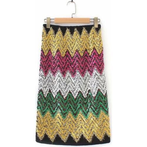 Bella philosophy 2019 autumnn Sequin sexy straight skirts ladies stripe patchwork skirts Colorful Female Pencil Skirt