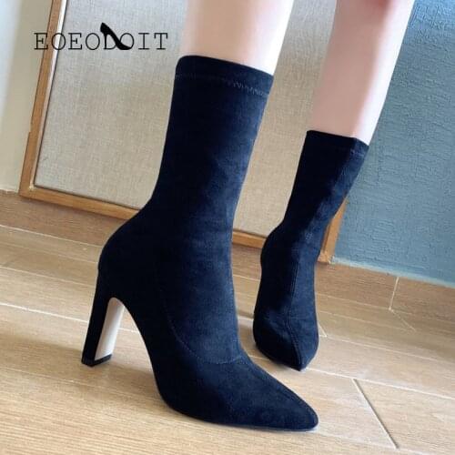 EOEODOIT Warm Plush Inside Women Sock Boots Fashion High Heels Pointed Toe Autumn Winter Slip On Calf Booties Sexy Pumps Shoes