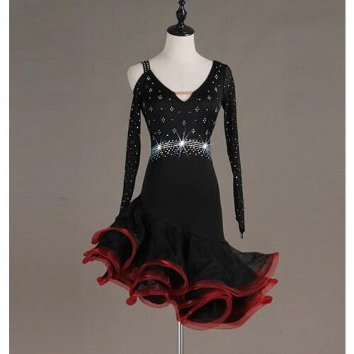 Custom Long Sleeve Women Latin Dance Dress Rhinestone Cha Cha Salsa Samba Rumba Performance Dancing Wear Ballroom Tango Dresses