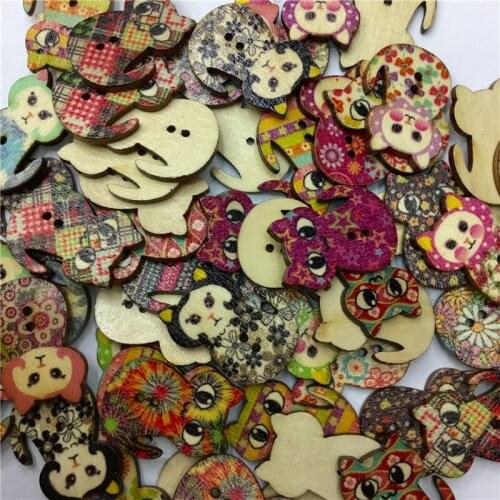 20pcs Wooden Buttons Multicolored Cat Shaped 2 Holes Wood Printing Sewing Buttons for Sewing and Crafting DIY