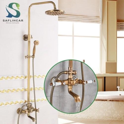 8" Brass Antique Bathroom Shower Faucet Set Wall Mount Dual Handle Handshower Shelf Hot Cold Systems Mixer rain Shower System