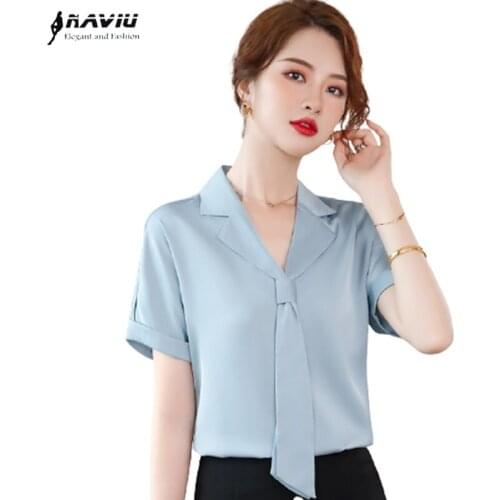 Acetate Satin Shirt Women Streamer Design Light Blue V Neck Summer New Short Sleeve Formal Blouses Office Ladies Work Tops