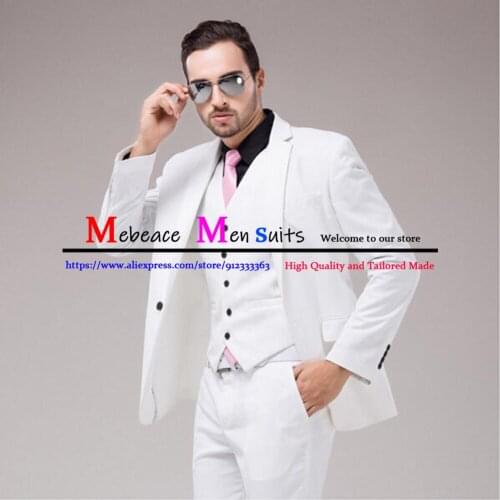 White Fashion Mens Suits Casual Slim Fit Wedding Groom Tuxedo Classic Formal Business Blazer 3 Piece Sets (Jacket + Vest+Pants)