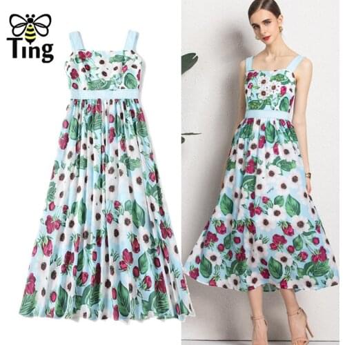 Tingfly Designer Flower Rose Printing Sleeveless Strap Midi Long Dress Women Summer Party Dresses Elbise Goblincore Retro