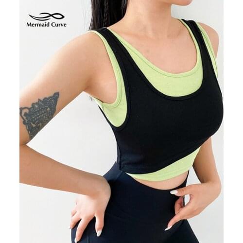 Mermaid Curve Double-Layer Fake Two-Piece Sports Vest Women All-Match Sleeveless Stretch Cotton Short Style Fitness Yoga Vest