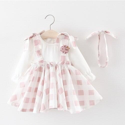 2019 Kids girls new good spring dress Baby girls fashion long sleeve cartoon plaid cotton Dress with headband 1-3 years