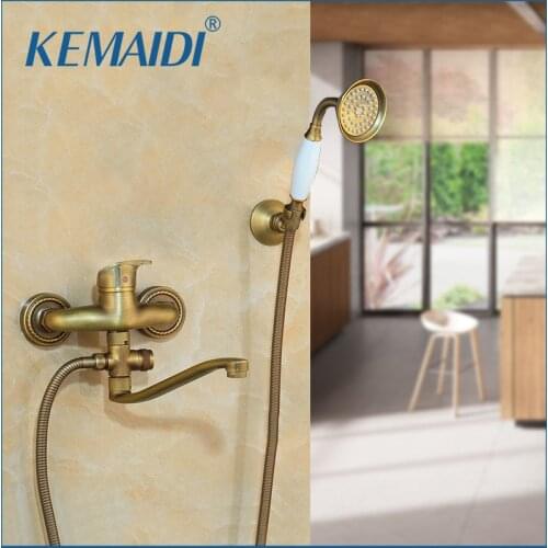 KEMAIDI Antique Brass Wall Mounted Bathroom Bathtub Faucet Mixer Tap With Hand Shower Head Mixer Shower Faucet Set Long Spout