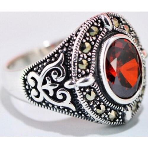 BOCAI New Real s925 sterling silver retro court style red zircon carved fashionable hip-hop Man and Womane ring