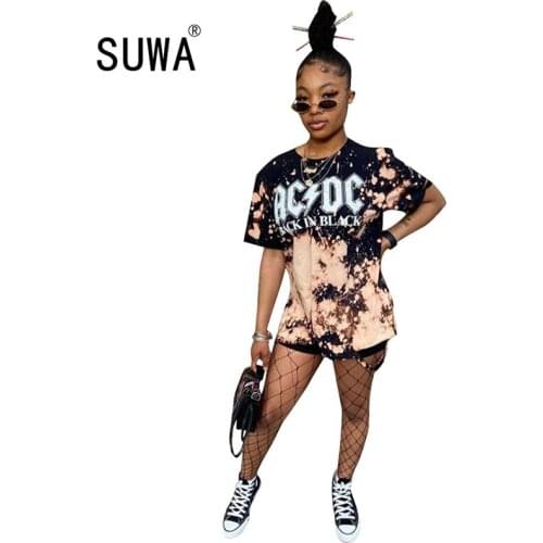 Contrast Vintage Summer Two Piece Lounge Set Women Cotton Clothing Oversize T-shirt Top + Skinny Shorts Party Night K-pop Outfit