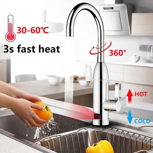 220V 3000W Instant Electric Faucet Tap Hot Water Heater Stainless Steel Under Inflow LED Display Bathroom Kitchen