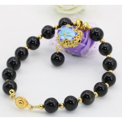 Fashion natural black agat carnelian onyx stone round 8mm beads bracelets gold-color cloisonne women pretty jewelry 8inch B2732