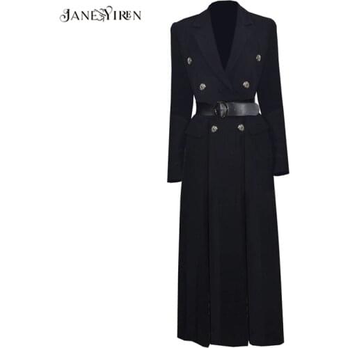 JaneYiren Fashion Designer Runway Long Windbreaker Long sleeve Double-breasted Belt Split black Keep warm Windbreaker Coat