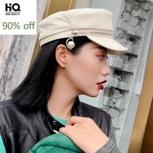 Fashion Women White Sheepskin Genuine Leather Hat Zipper Pearl Military Flatcap Beret Casual Beanie Streetwear Female Bonnet