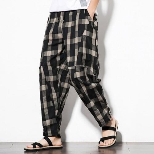 Sincism Store Mens Plaid Harem Pants Breathable Linen Baggy Pants Casual Mid Waist Harajuku Trousers Hip Hop Streetweat Pants