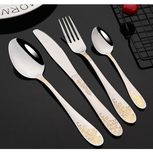 2/4/6Set Dinnerware Cutlery Set Stainless Steel Flatware Gold Flower Pattern Knife Fork Tea Spoon Kitchen Home Tableware Set