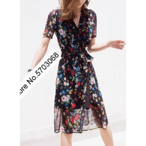 Elfstyle Newest Women Viscose & Silk Wrap V Neckline Daisy Floral Printed Midi Dress With Waist Ties & Short Sleeve