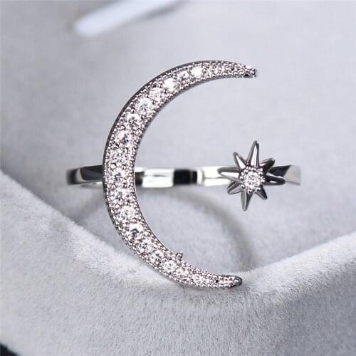 Cute Female White Round Crystal Ring Charm Rose Gold Adjustable Wedding Rings For Women Dainty Bridal Star Moon Engagement Ring