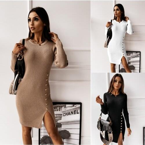 2021 Autumn Women Knitted Solid Sexy Slim Split Mini Dress O Neck Long Sleeve White Balck Button Package Hip Party Club Dresses