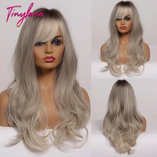 TINY LANA Ombre Brown Ash Blonde Wig with Side Bangs Long Natural Wave Synthetic Wigs for Woman Cosplay Daily Heat Resistant