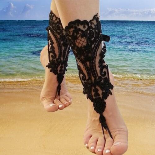 Beach Wedding White Black Ivory Lace Wedding Barefoot Sandals Nude Shoes Foot Jewelry Victorian Bridal Anklet Beach Accessories