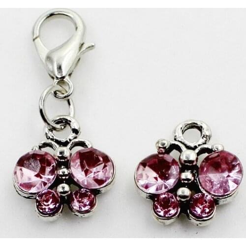 New Crystal Pink Butterfly 20pcs/lot Animals Dangle Charms Lobster Clasp DIY Jewelry Accessory Hanging Charms for Bracelets